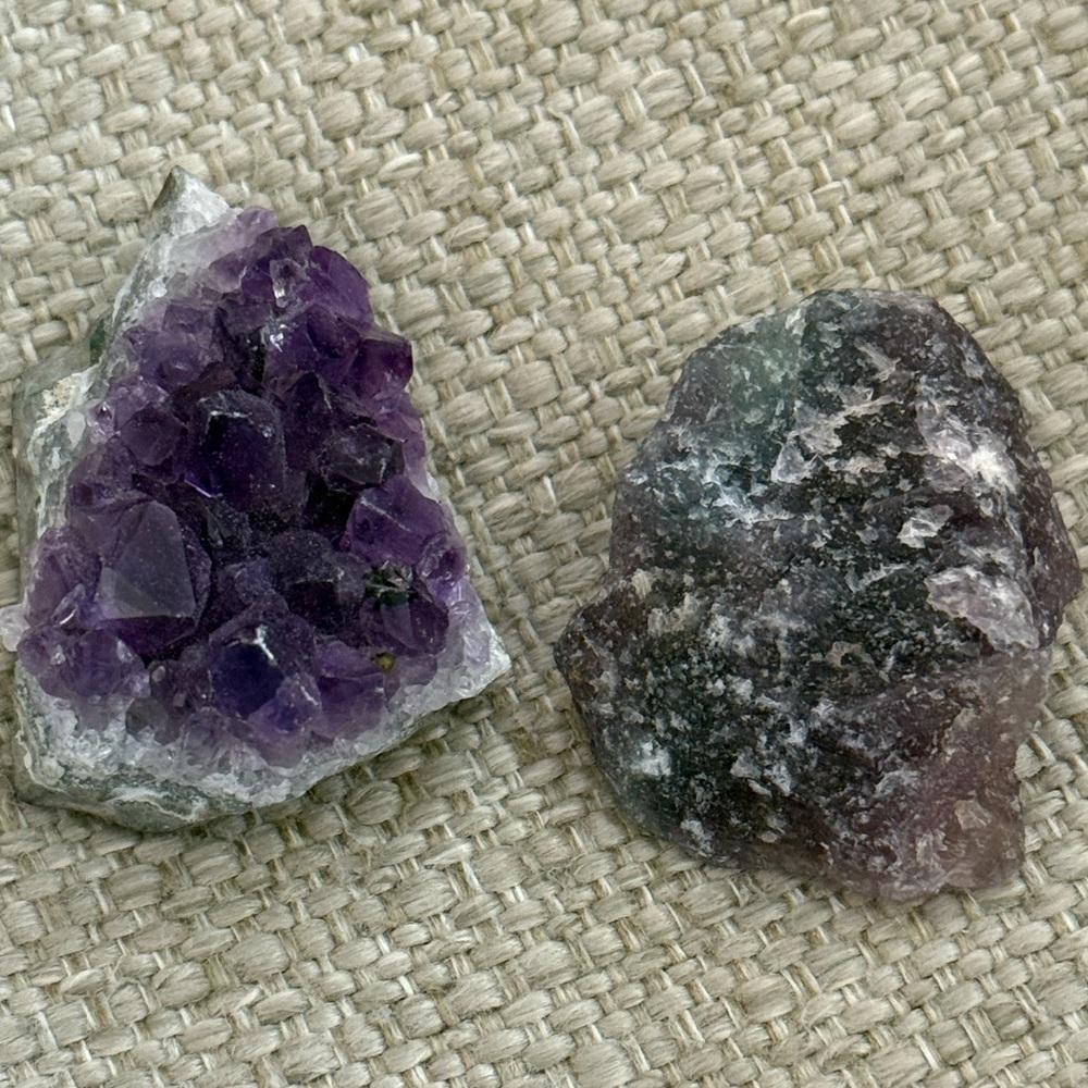 Raw Crystal Specimen 2-Piece Bundle 52g Amethyst 47g Rainbow Fluorite Lot